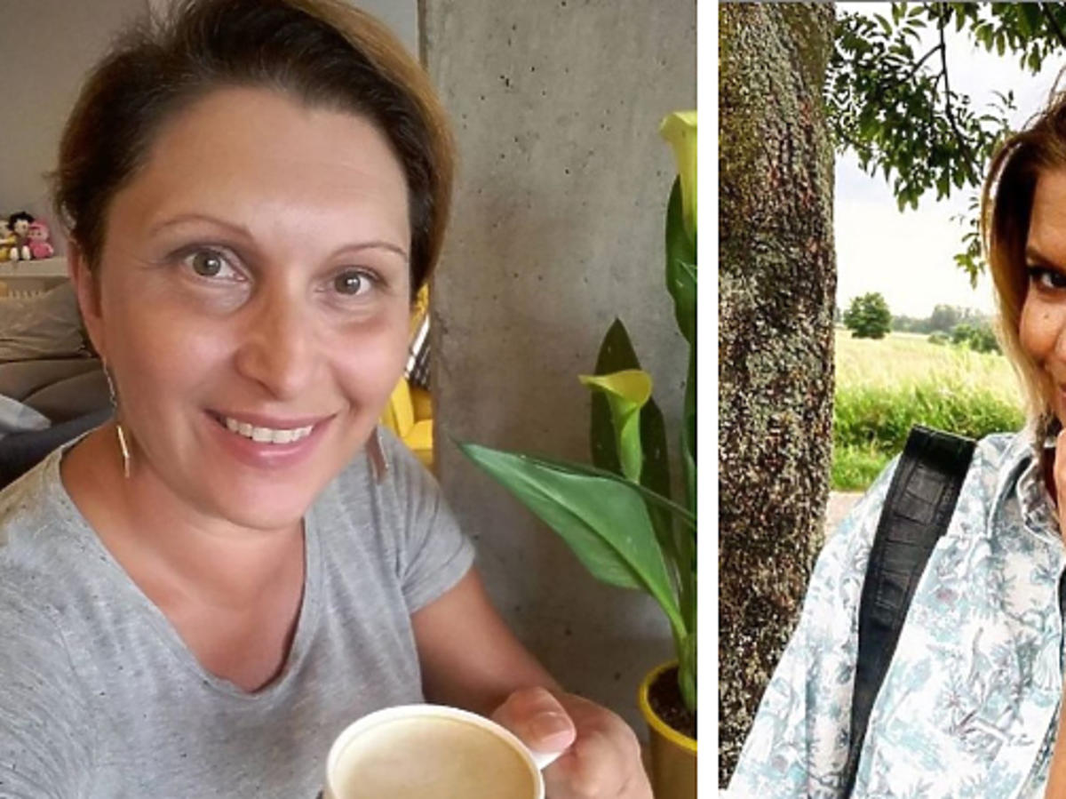 Małgorzata Płaza z kubkiem kawy, Marta Manowska w jasnej koszulki