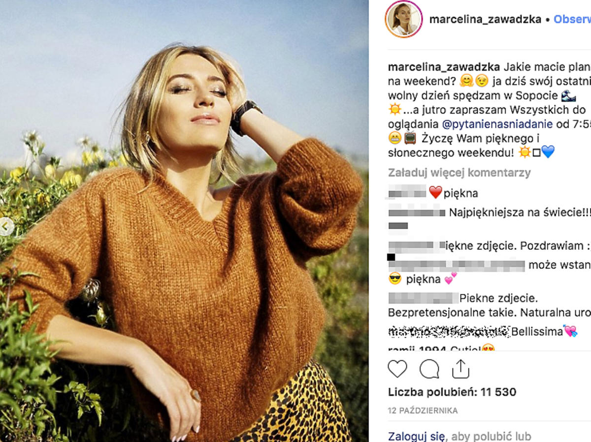 Marcelina Zawadzka w rudym swetrze Instagram