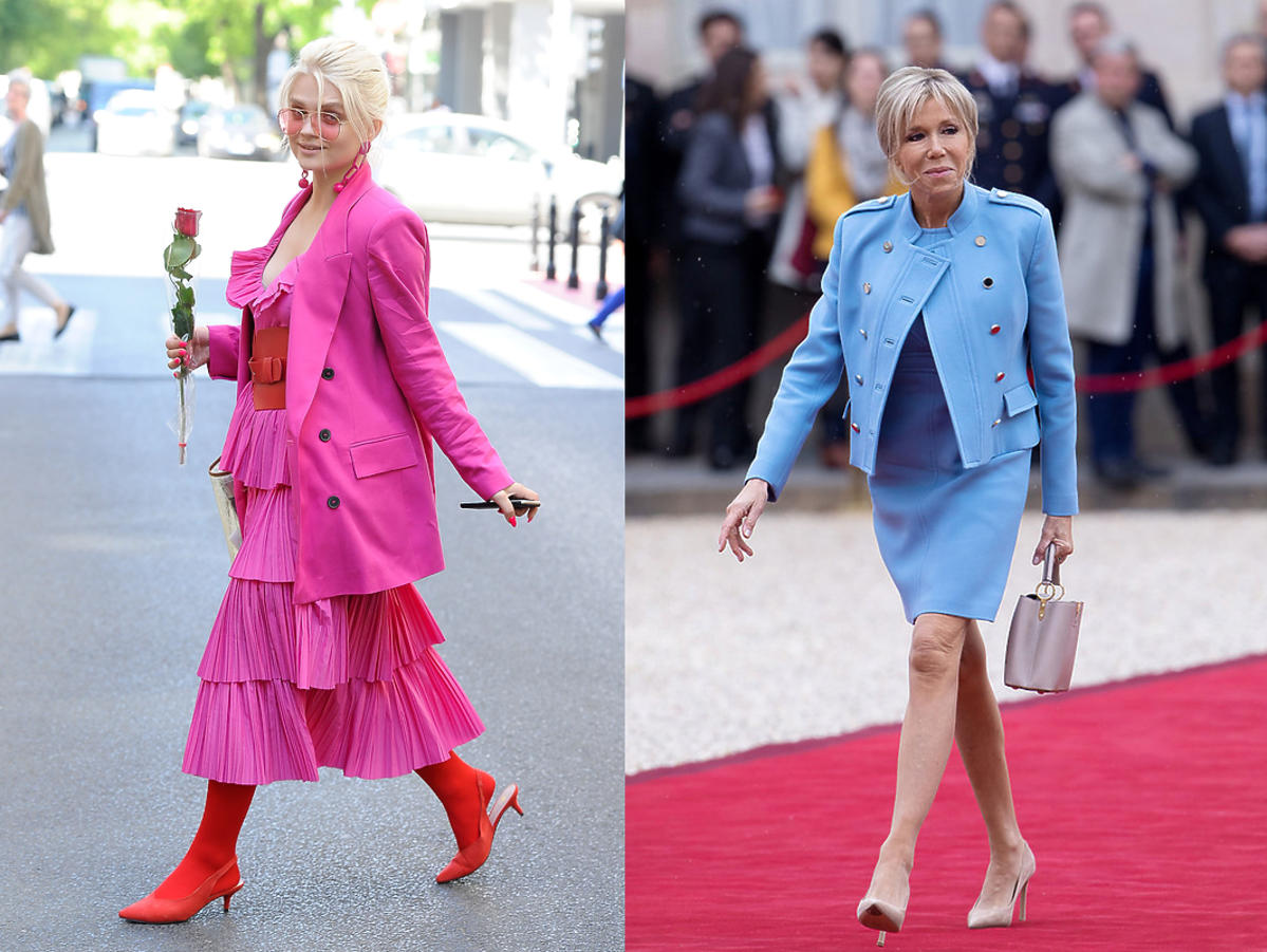 Margaret w rożowo-czerownym looku, Brigitte Macron w total looku Louis Vuitton