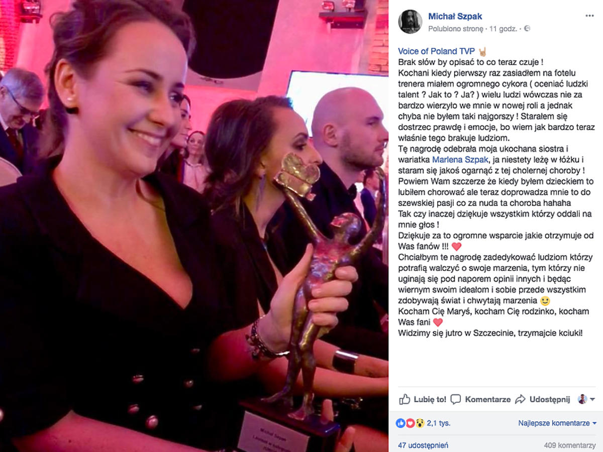 Marlena Szpak odebrała nagrodę za Michała