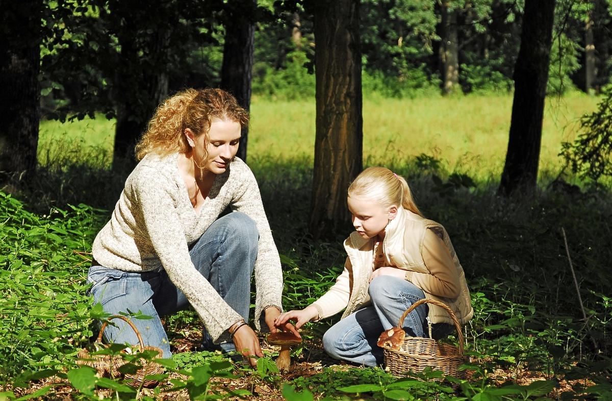 matka z córką zbierają grzyby w lesie