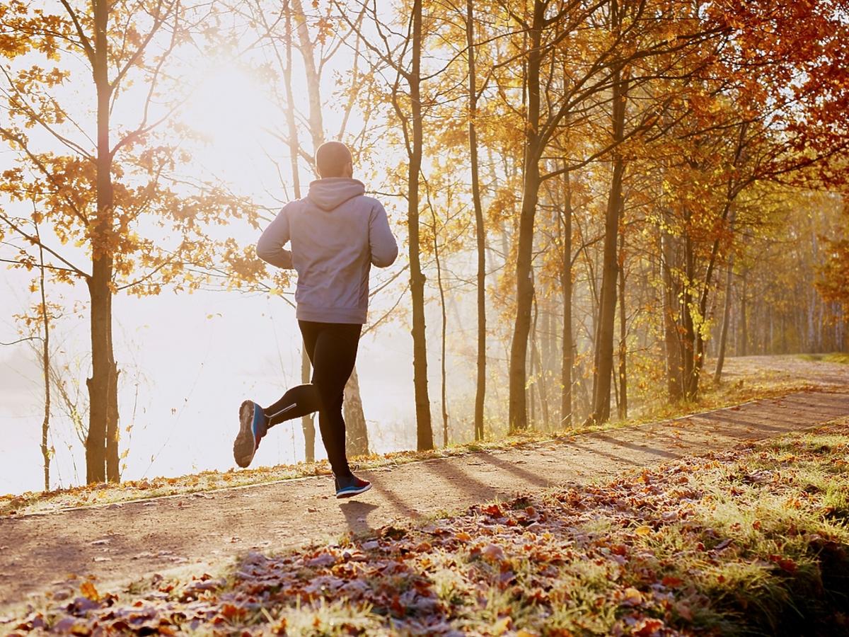 Mężczyzna biega jesienią po lesie.