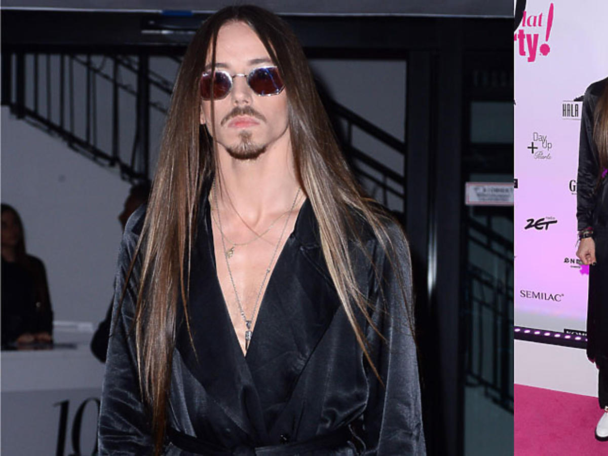 Michał Szpak na 10 lat Party, w czarnym płaszczu Reserved i białych butach Balenciaga