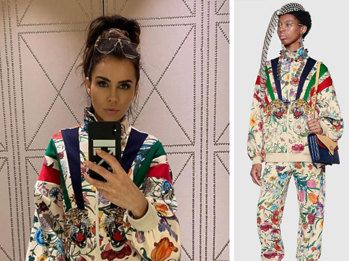 Natalia Siwiec pozuje w kolorowej bluzie w kwiaty z naszywkami Gucci
