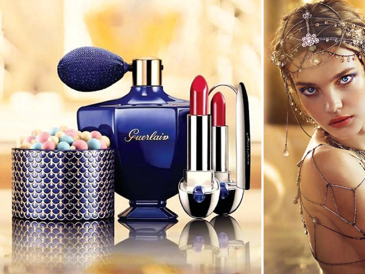 Natalia Vodianova, kosmetyki Guerlain. Mgiełka, bronzer, puder brązujący, Meteorites, szminka Rouge G, Terracota