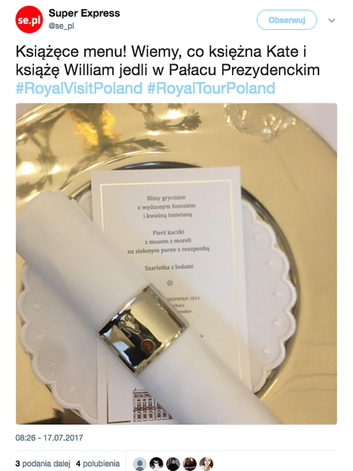 Obiad Kate i Wiliama w Pałacu Prezydenckim