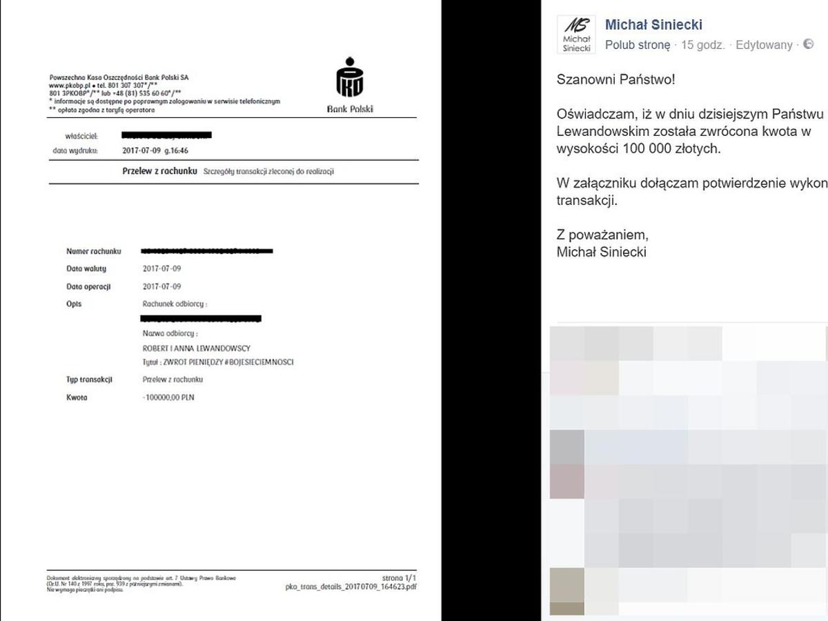 Organizator akcji charytatywnej oddał pieniądze Annie i Robertowi Lewandowskim