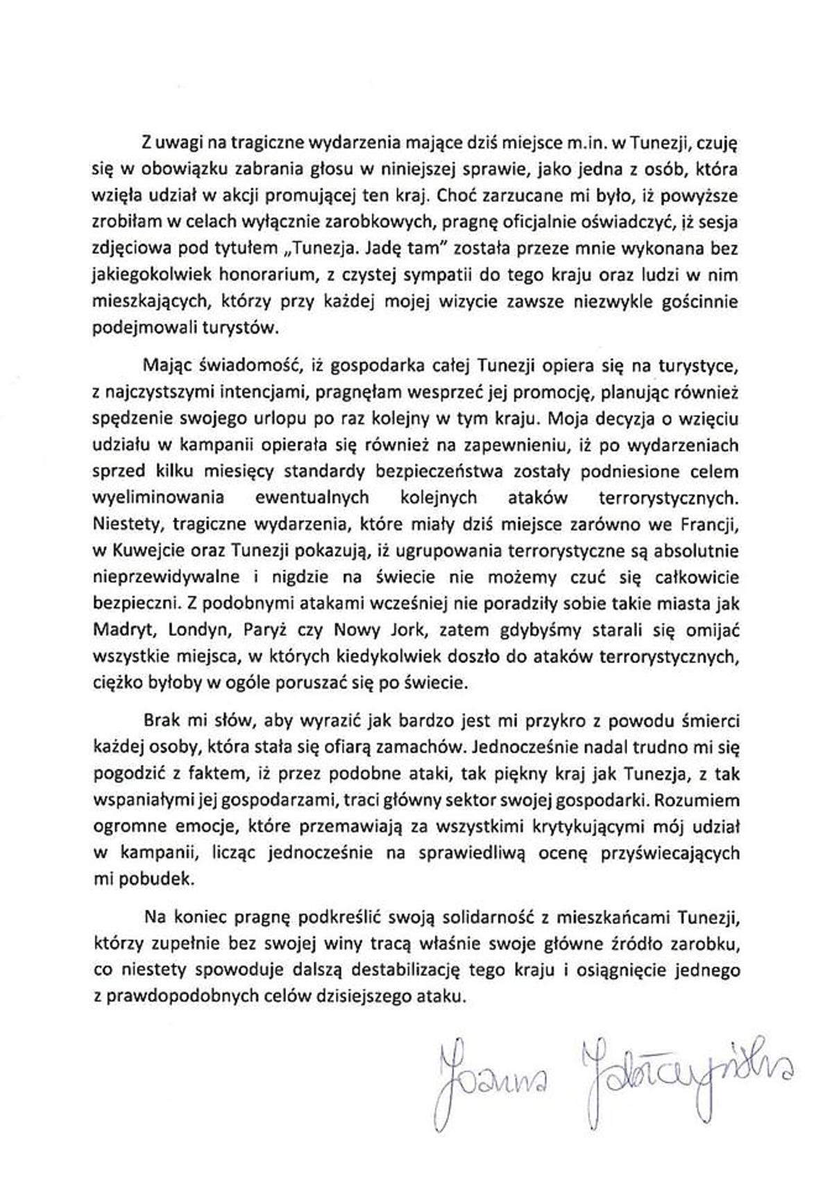 Oświadczenie Joanny Jabłczyńskiej