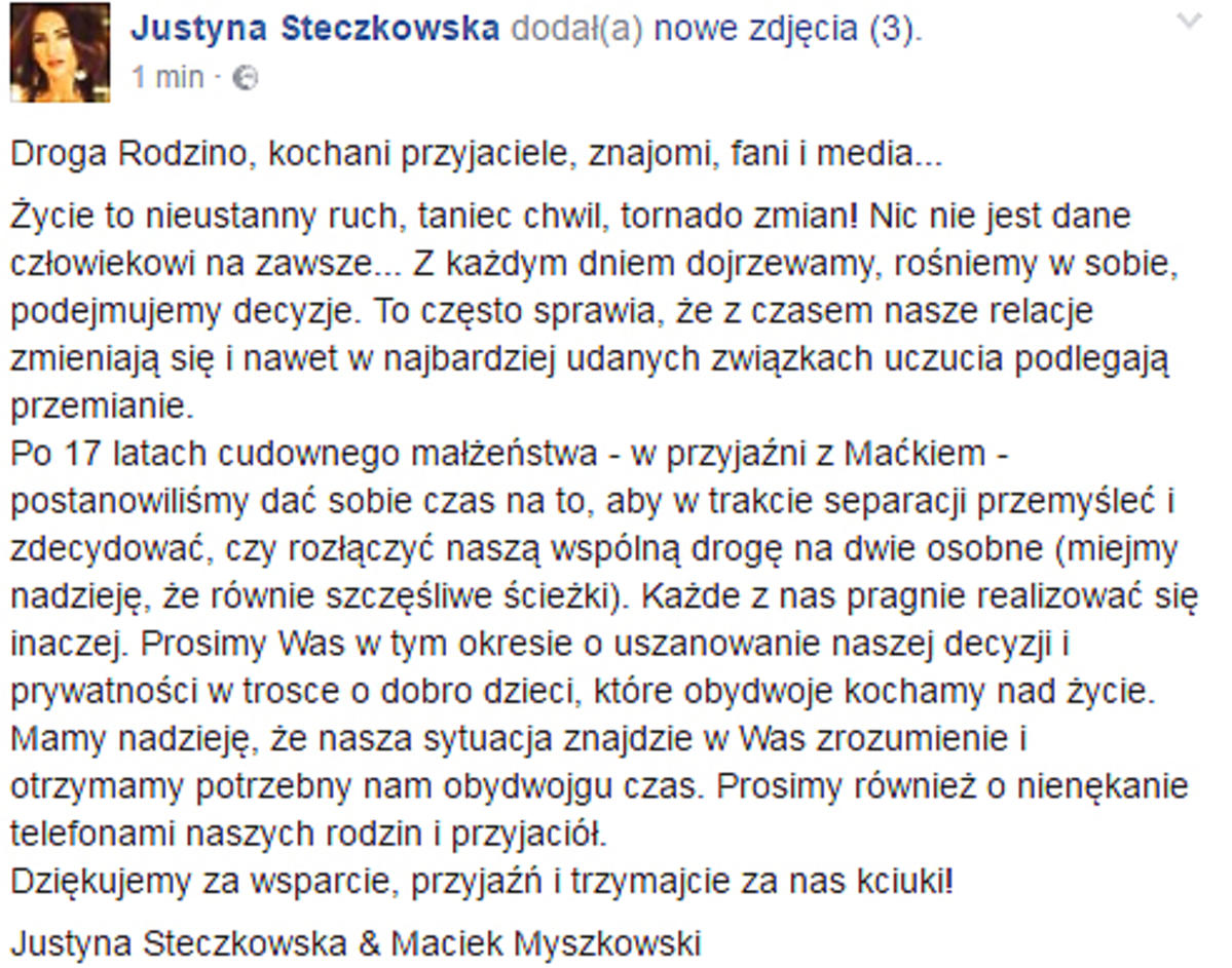 Oświadczenie Justyny Steczkowskiej w sprawie rozstania z męzem