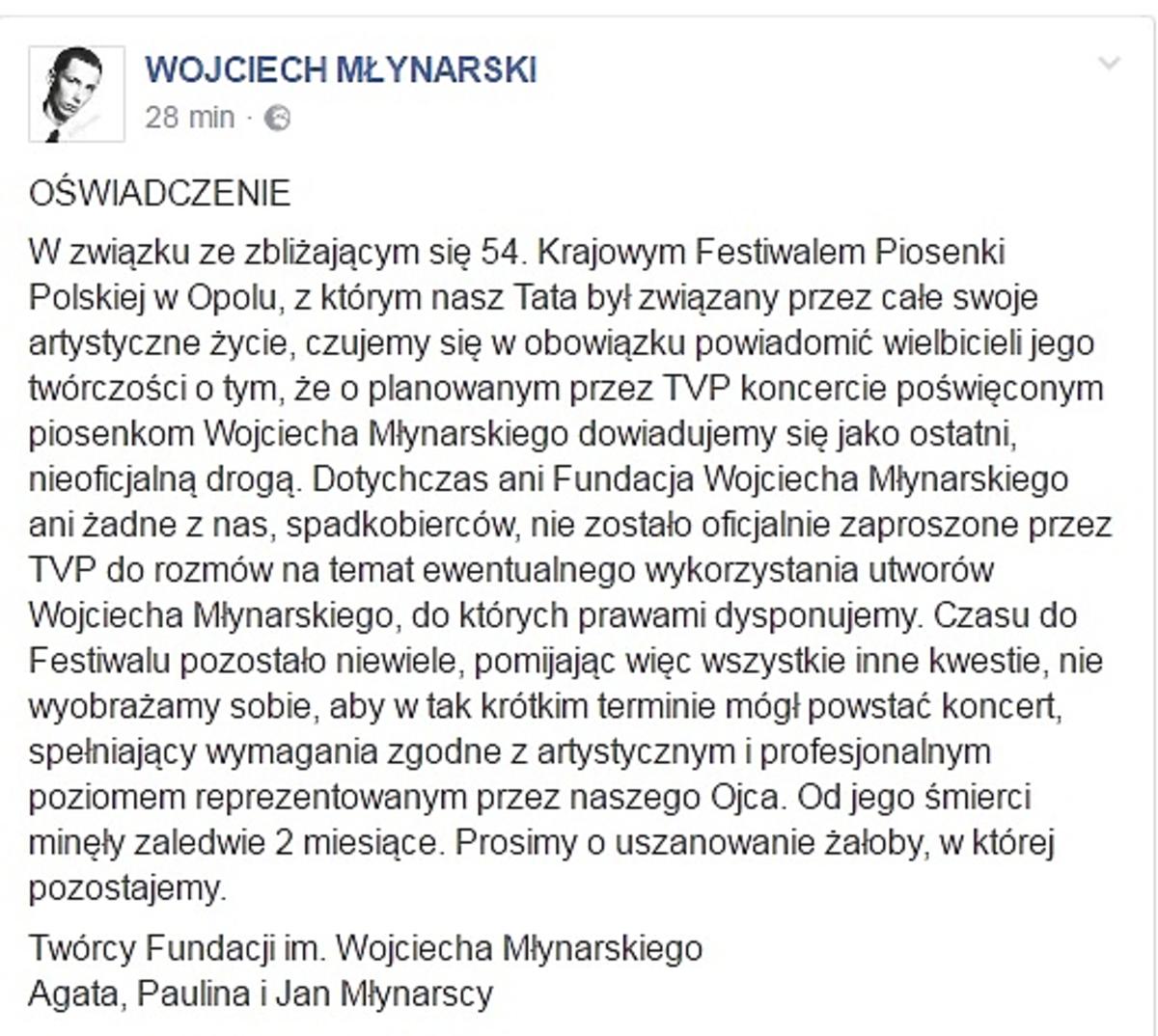 Oświadczenie w sprawie koncertu piosenek Wojciecha Młynarskiego w Opolu