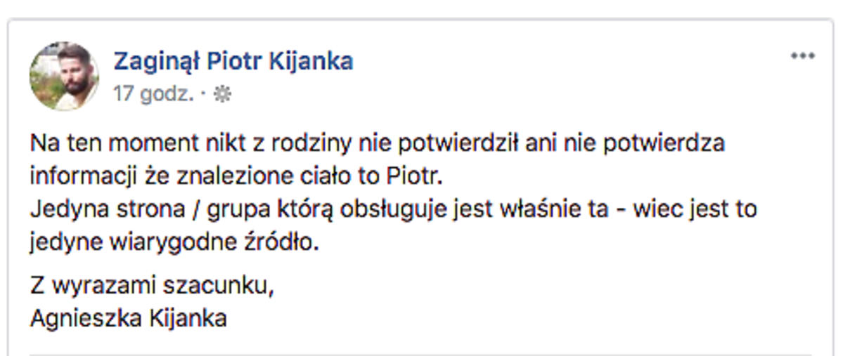 Oświadczenie żony Piotra Kijanki