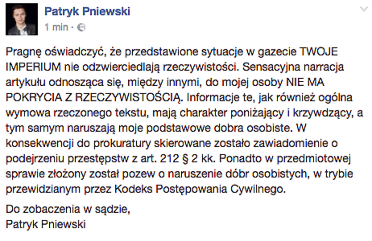 Patryk Pniewski o Sawczuk