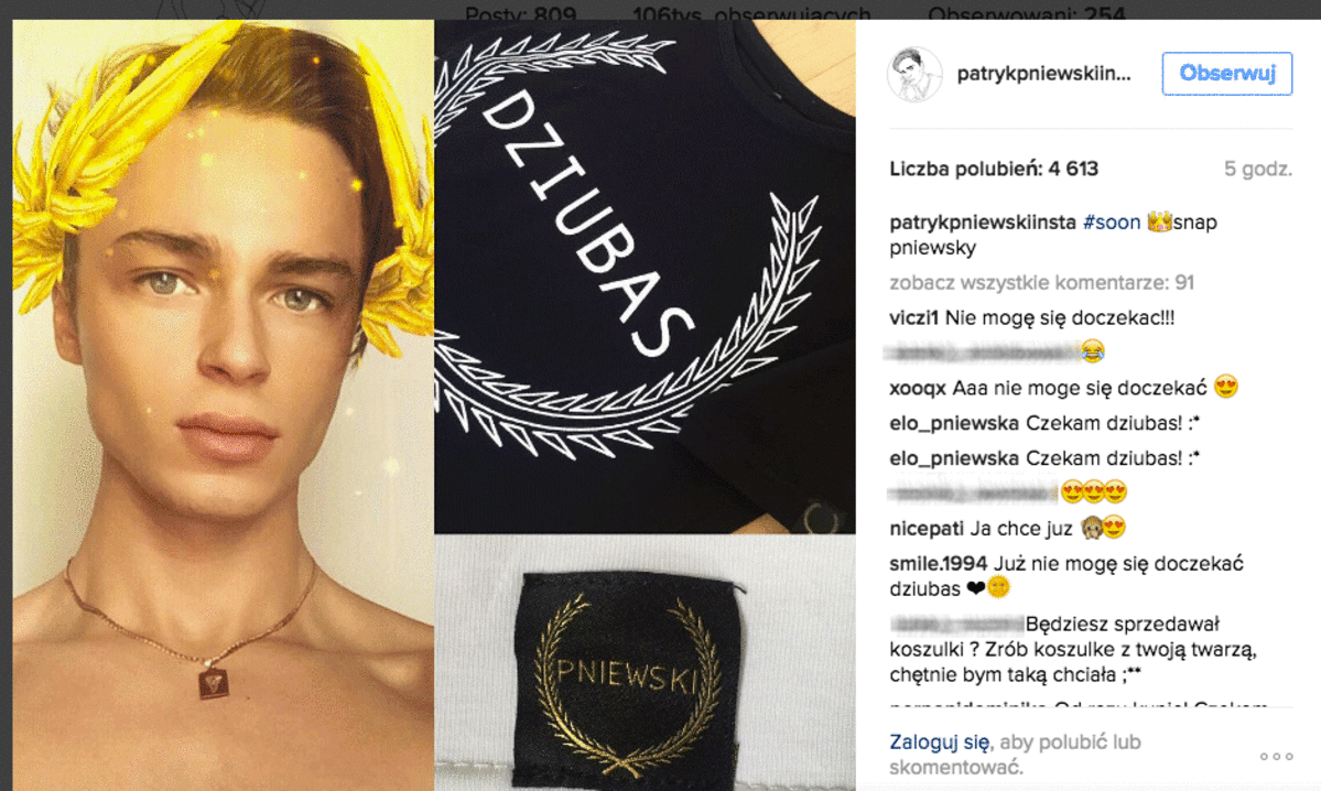 Patryk Pniewski pokazał swoją kolekcję ubrań na Instagramie