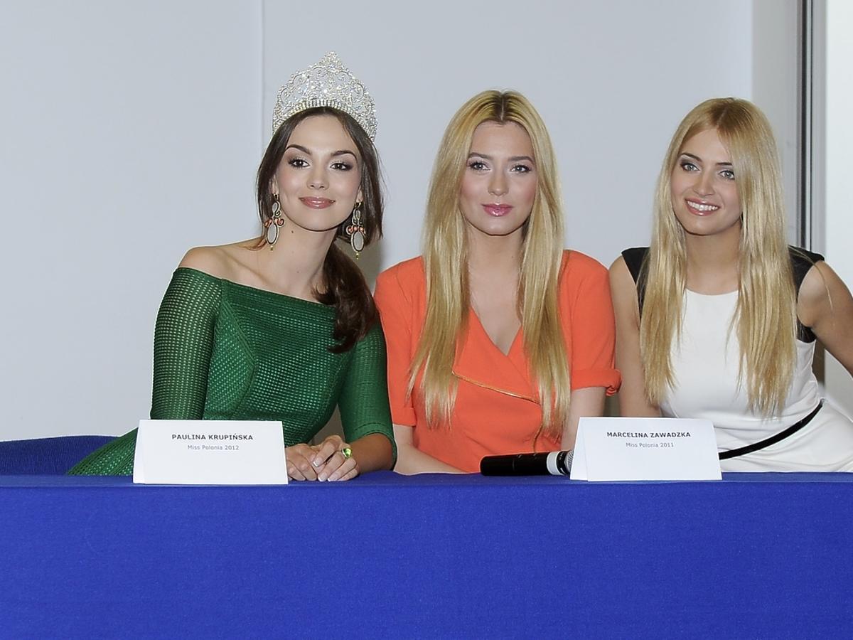 Paulina Krupińska, Marcelina Zawadzka i Rozalia Mancewicz na konferencji prasowej Miss Polonia 2014
