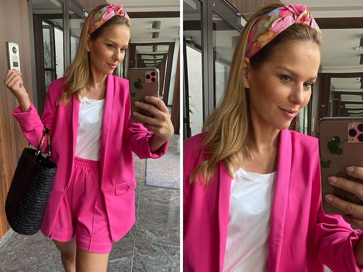 Paulina Sykut-Jeżyna w różowym garniturze