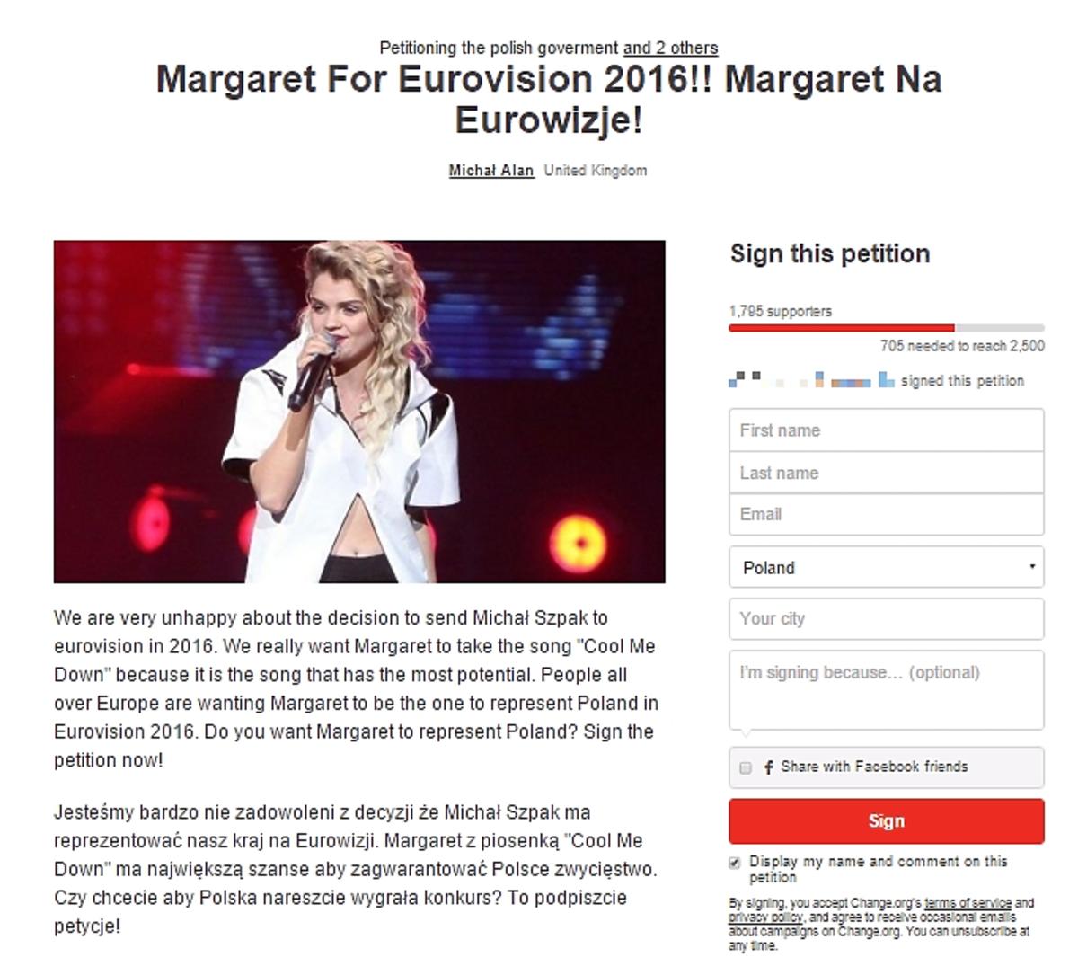 Petycja w sprawie udziału Margaret na Eurowizji