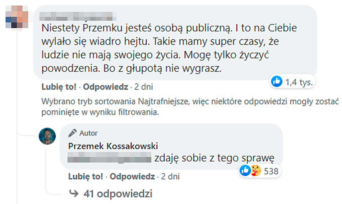 Przemysław Kossakowski reaguje na słowa internauty