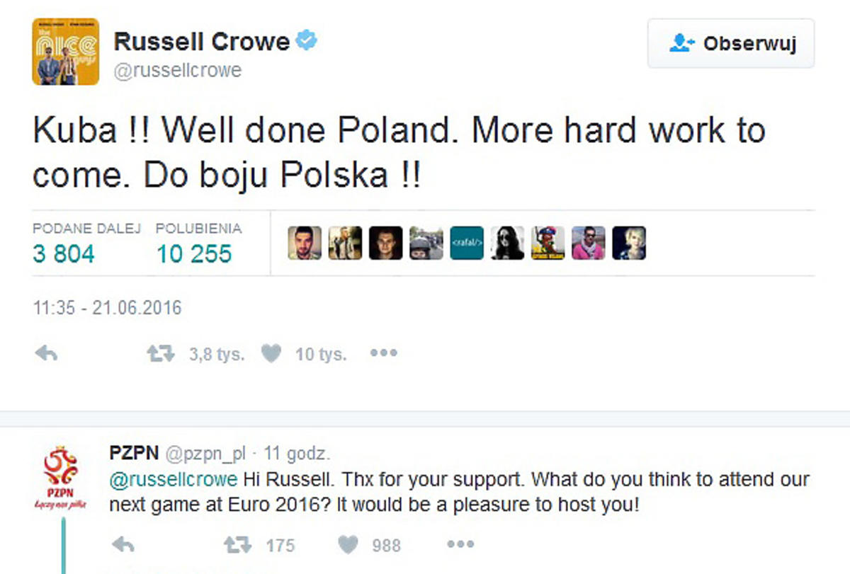 PZPN zaprasza Russella Crowe na mecz Reprezentacji Polski