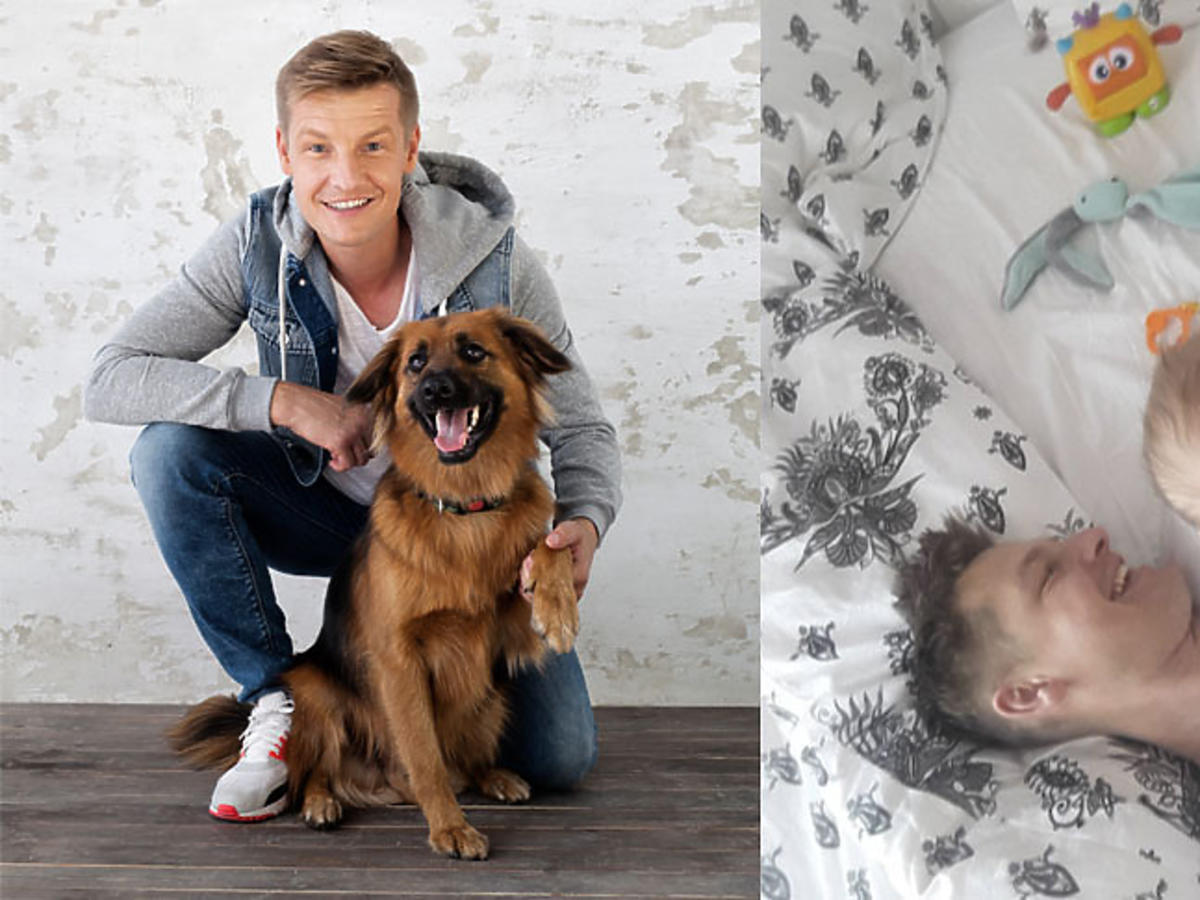 Rafał Mroczek z psem Lizakiem i z córką