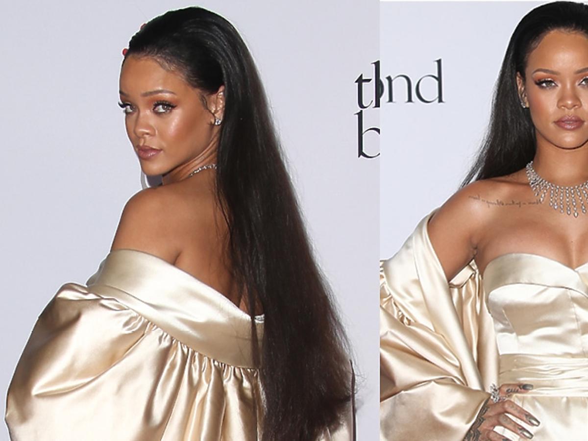 Rihanna w beżowej błyszczącej sukni do ziemi na czerwonym dywanie