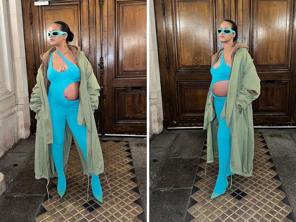 Rihanna w ciąży w niebieskim kombinezonie