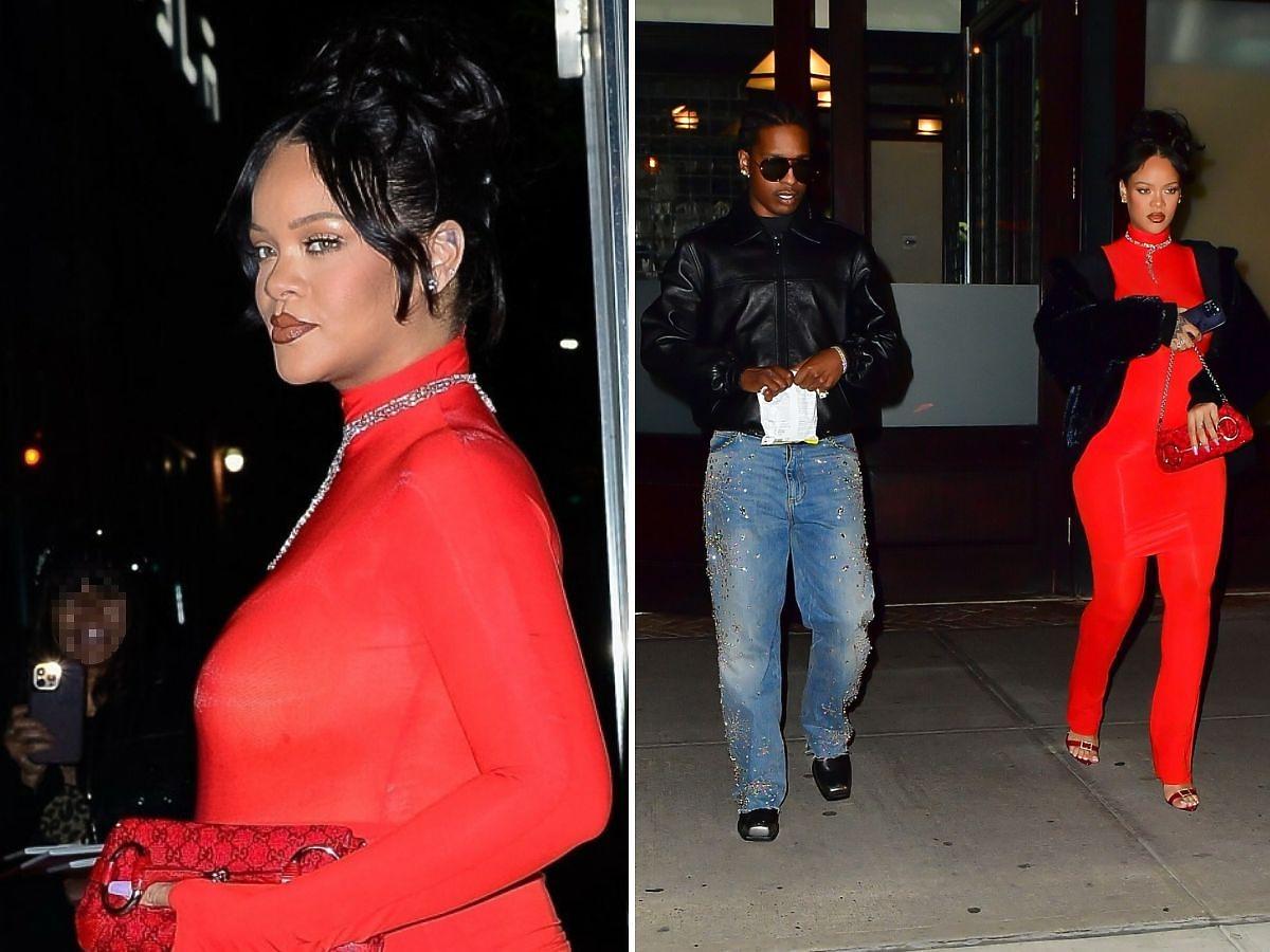 Rihanna w czerwonym kombinezonie eksponuje ciążowe krągłości