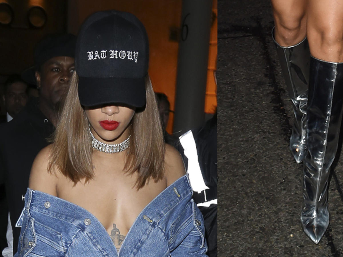 Rihanna w dżinsowej bluzie z dekoltem i czapce z daszkiem