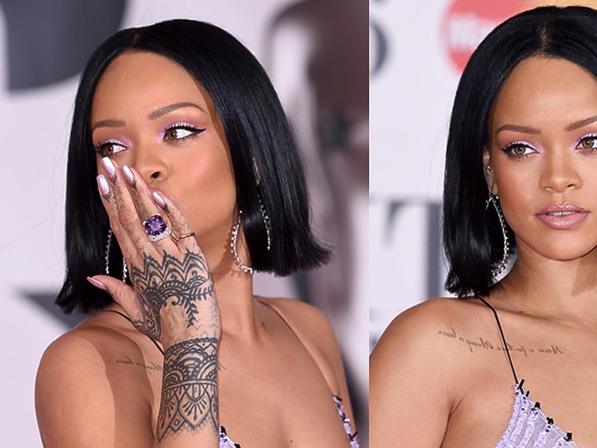 Rihanna w fioletowym makijażu