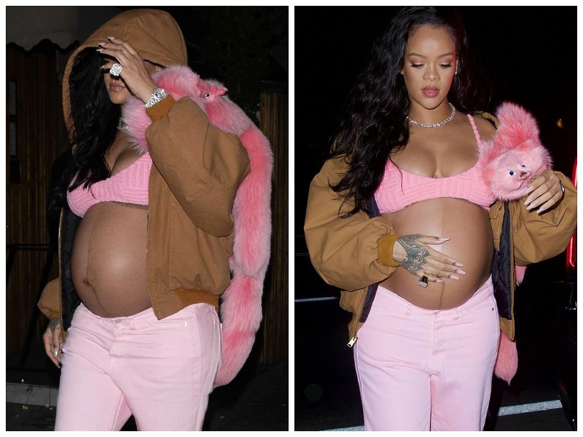 Rihanna w różowym stroju pokzuje brzuch