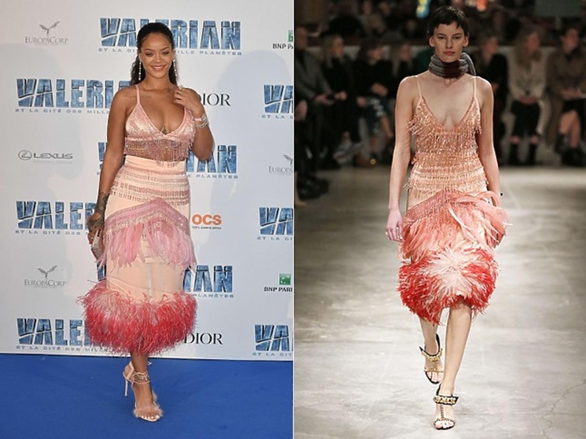 Rihanna w sukni Prada jesień-zima 17 oraz ta sama sukienka na pokazie