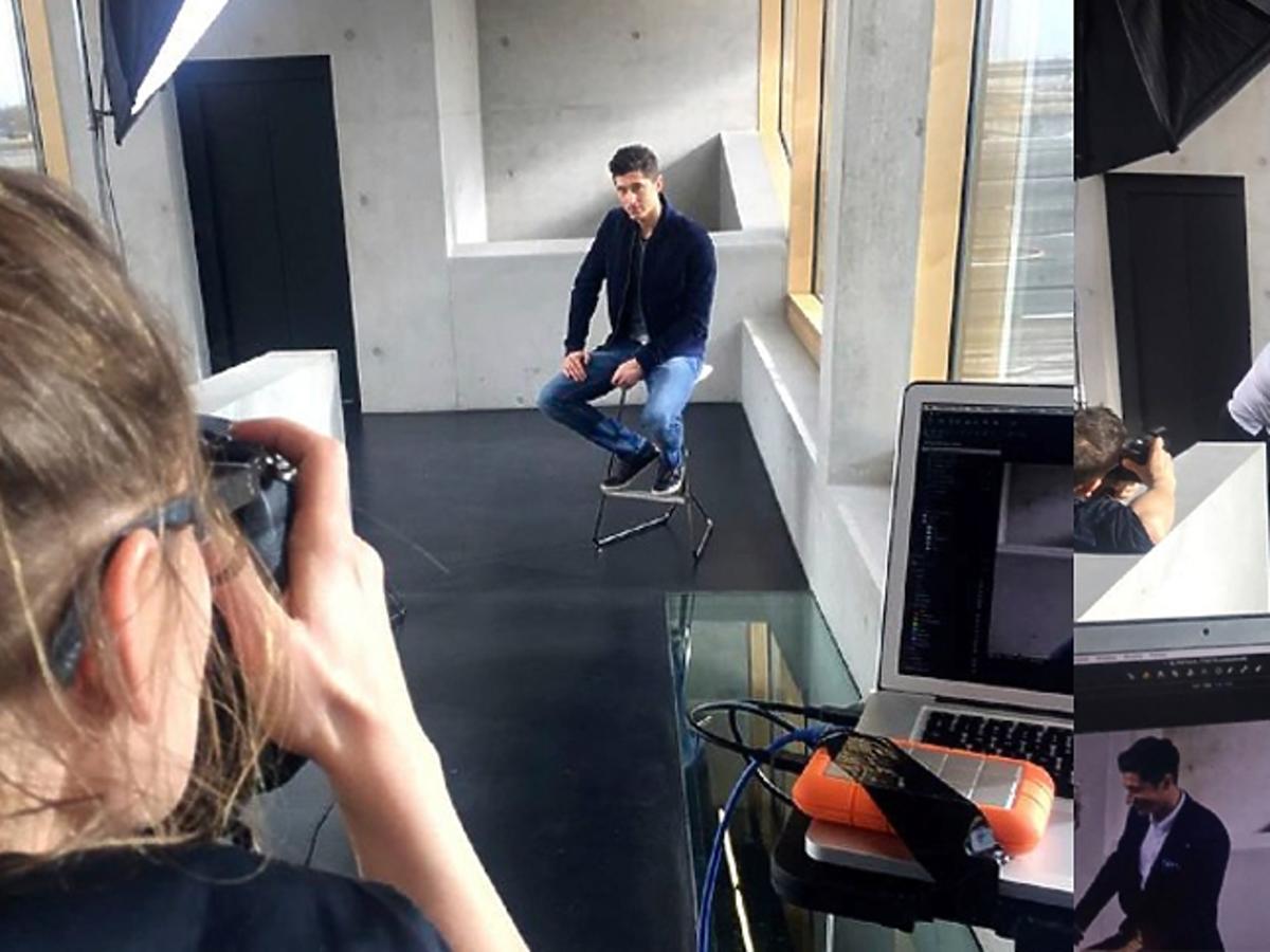 Robert Lewandowski na sesji Vistuli w czarnej kurtce