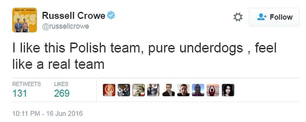 Russell Crowe na Twitterze chwali polską reprezentację