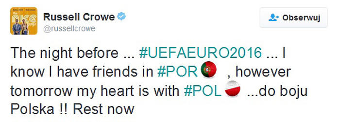 Russell Crowe wspiera Polaków przed meczem z Portugalią