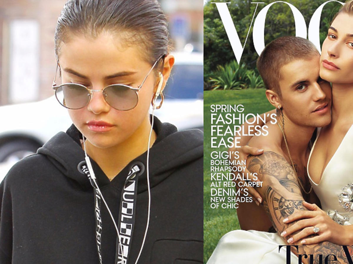 Smutna Selena Gomez, Hailey Baldwin i Justin Bieber na okładce Vogue