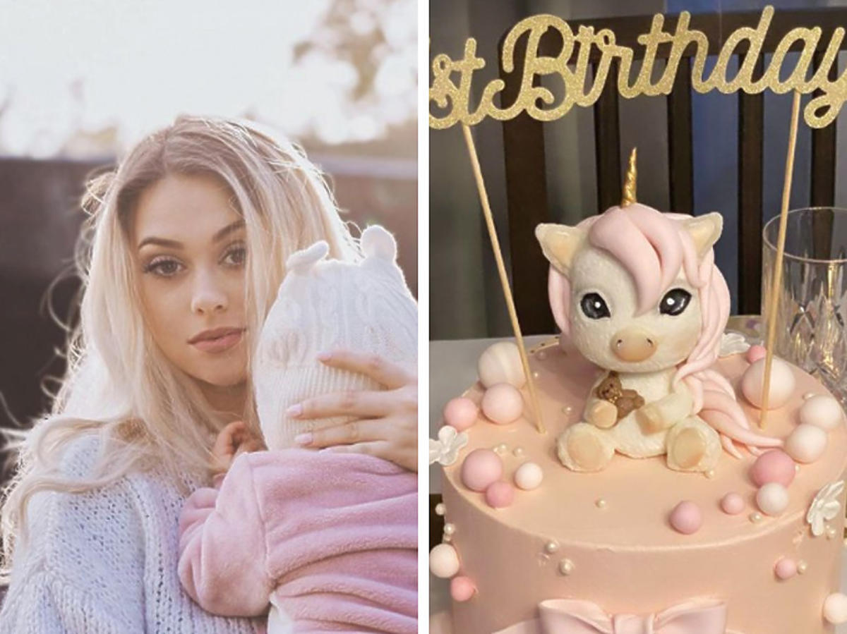 Sylwia Przybysz z córką, obok urodzinowy tort