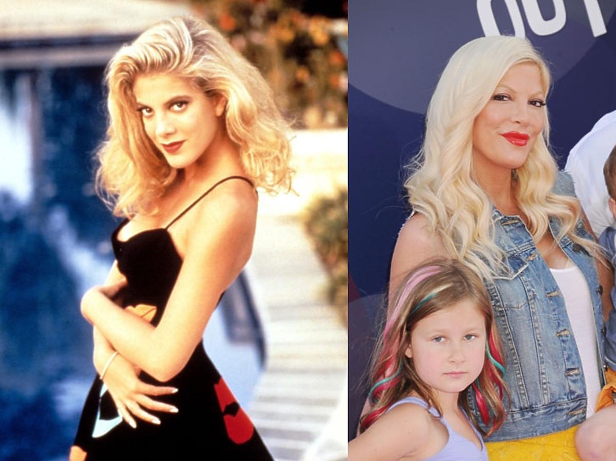 Tori Spelling kadr z serialu beverly hills 90210 w czarnej sukience na dworzu oraz z dziećmi obecnie