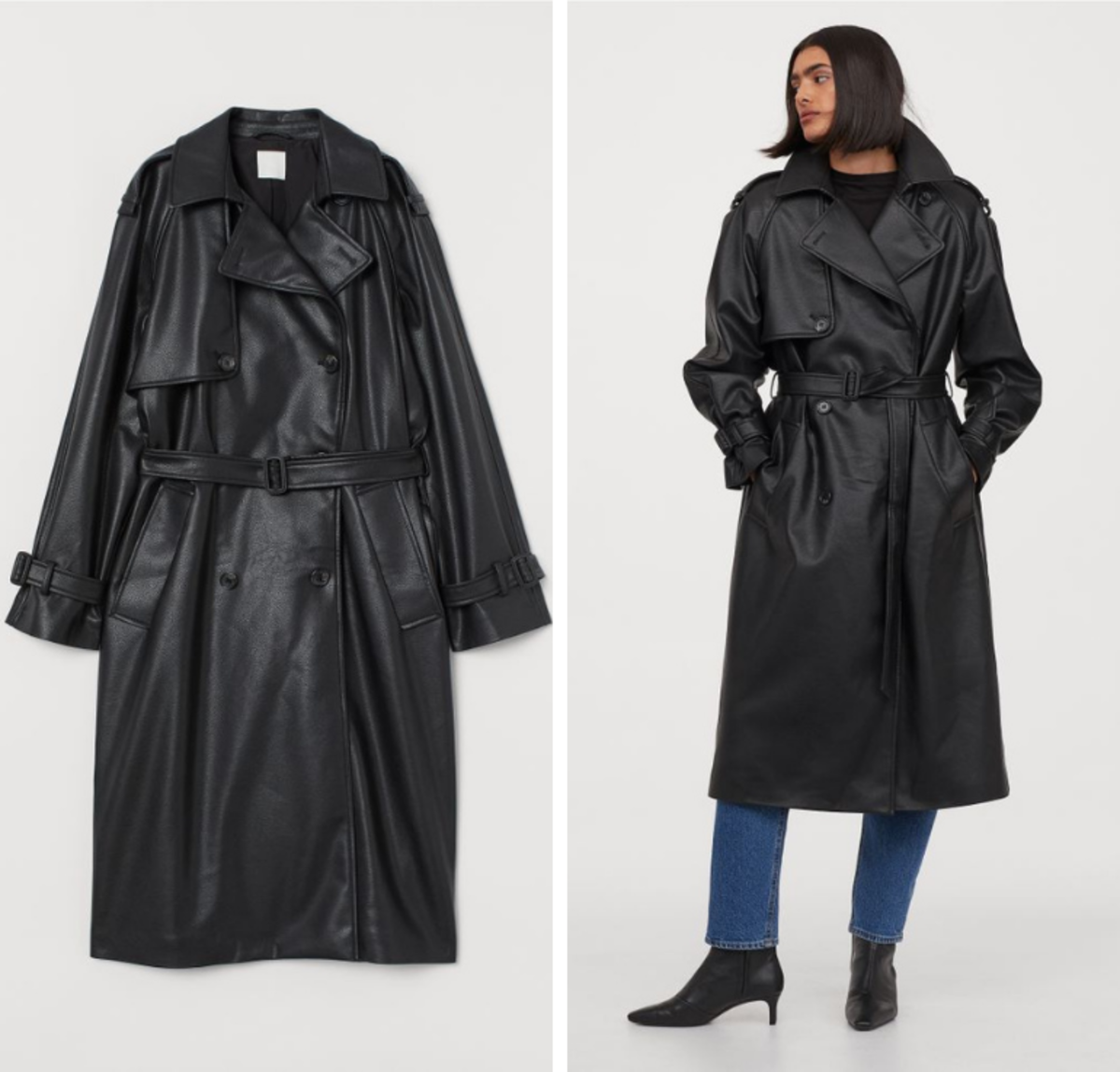 Trendy jesień 2020 Czarny płaszcz H&M z imitacji skóry 299 zł.