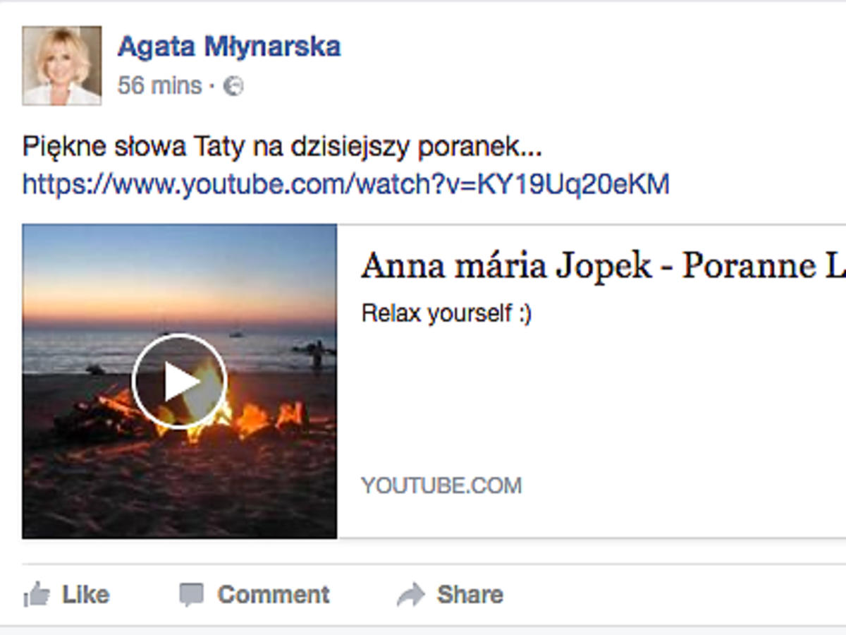 Wpis Agaty Młynarskiej na Facebooku