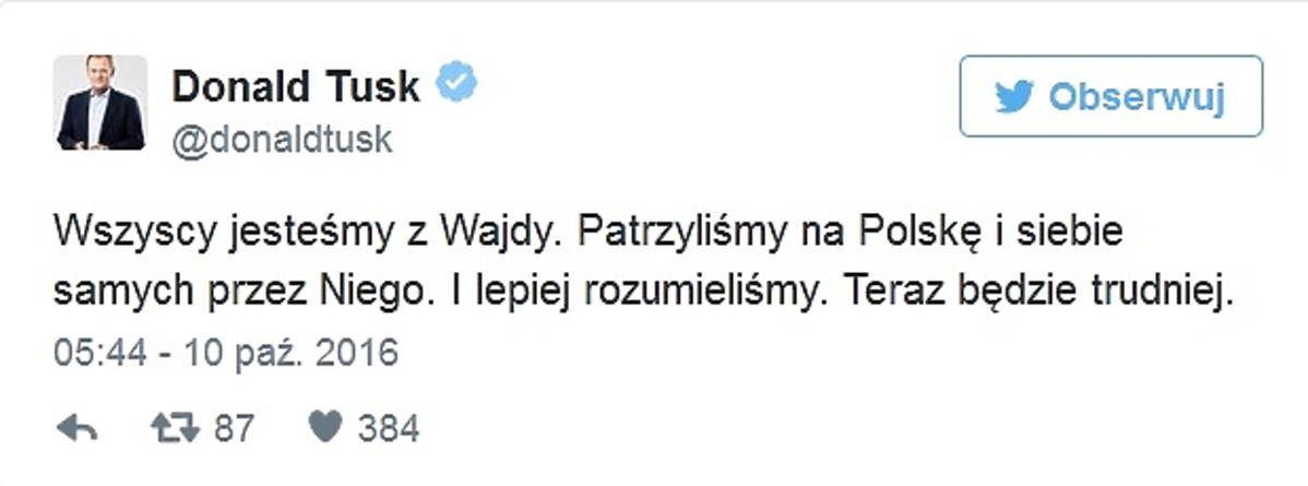 Wpis Donalda Tuska po śmierci Andrzeja Wajdy