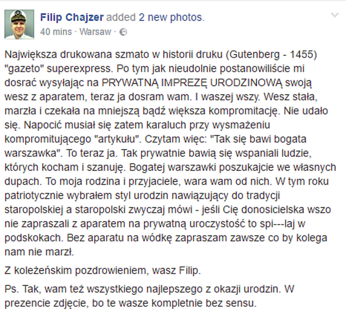Wpis Filipa Chajzera na Facebooku