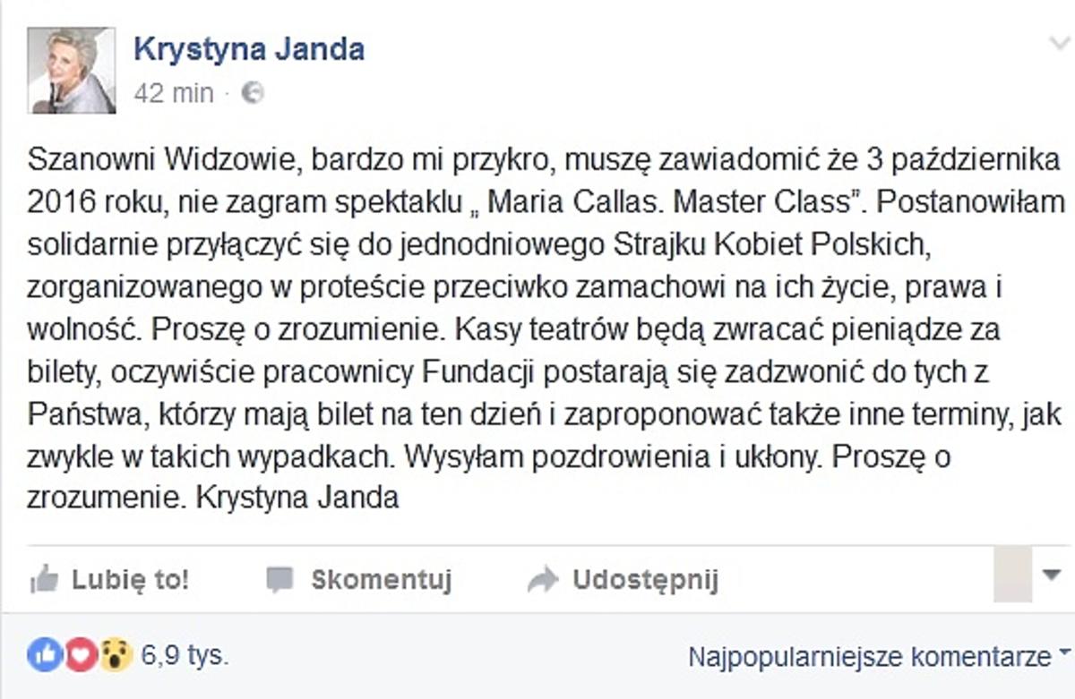 Wpis Krystyny Jandy na Facebooku