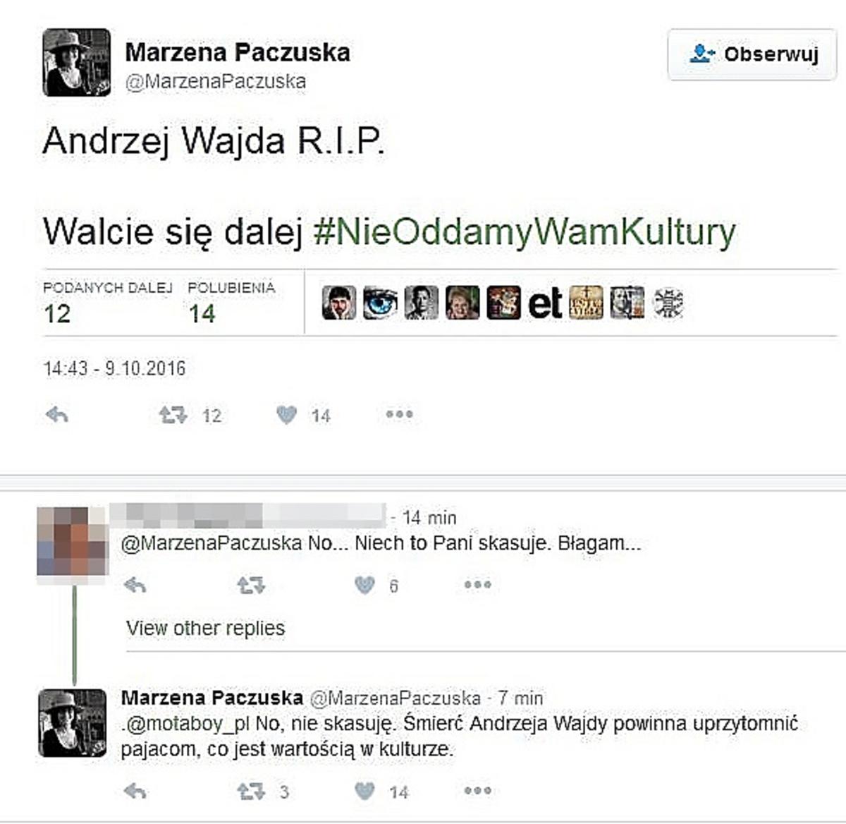 Wpis Marzeny Paczuskiej po śmierci Andrzeja Wajdy