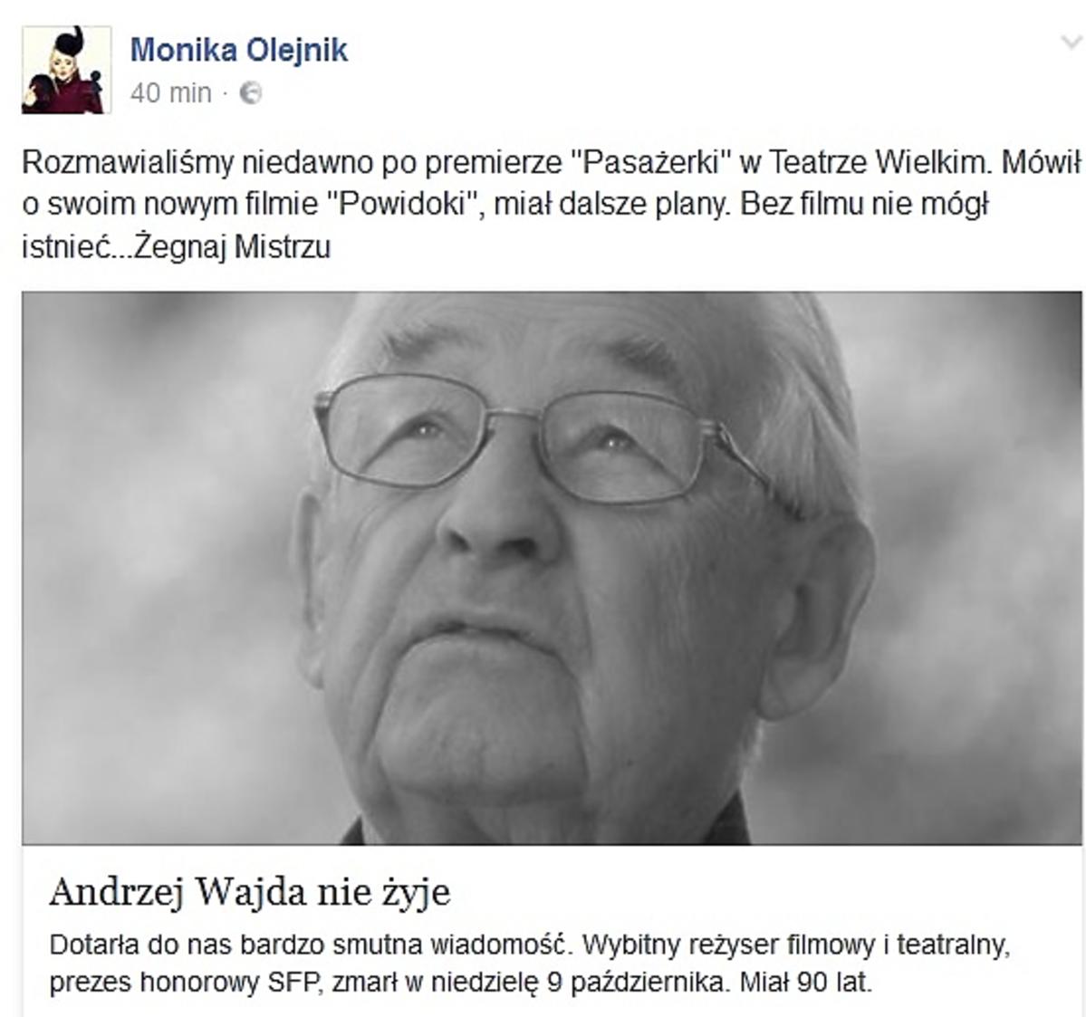 Wpis Moniki Olejnik po śmierci Andrzeja Wajdy