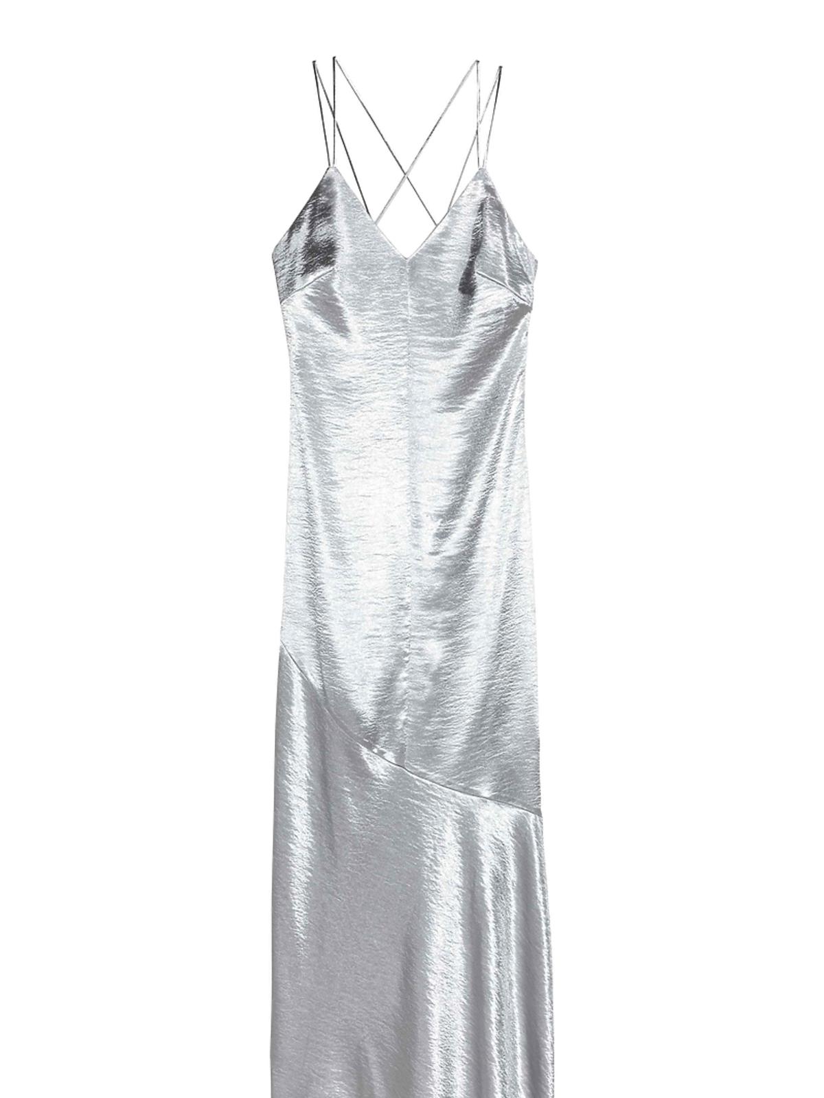 Wyprzedaże 2017 H&M, Zara, Reserved Długa sukienka z satyny srebrna