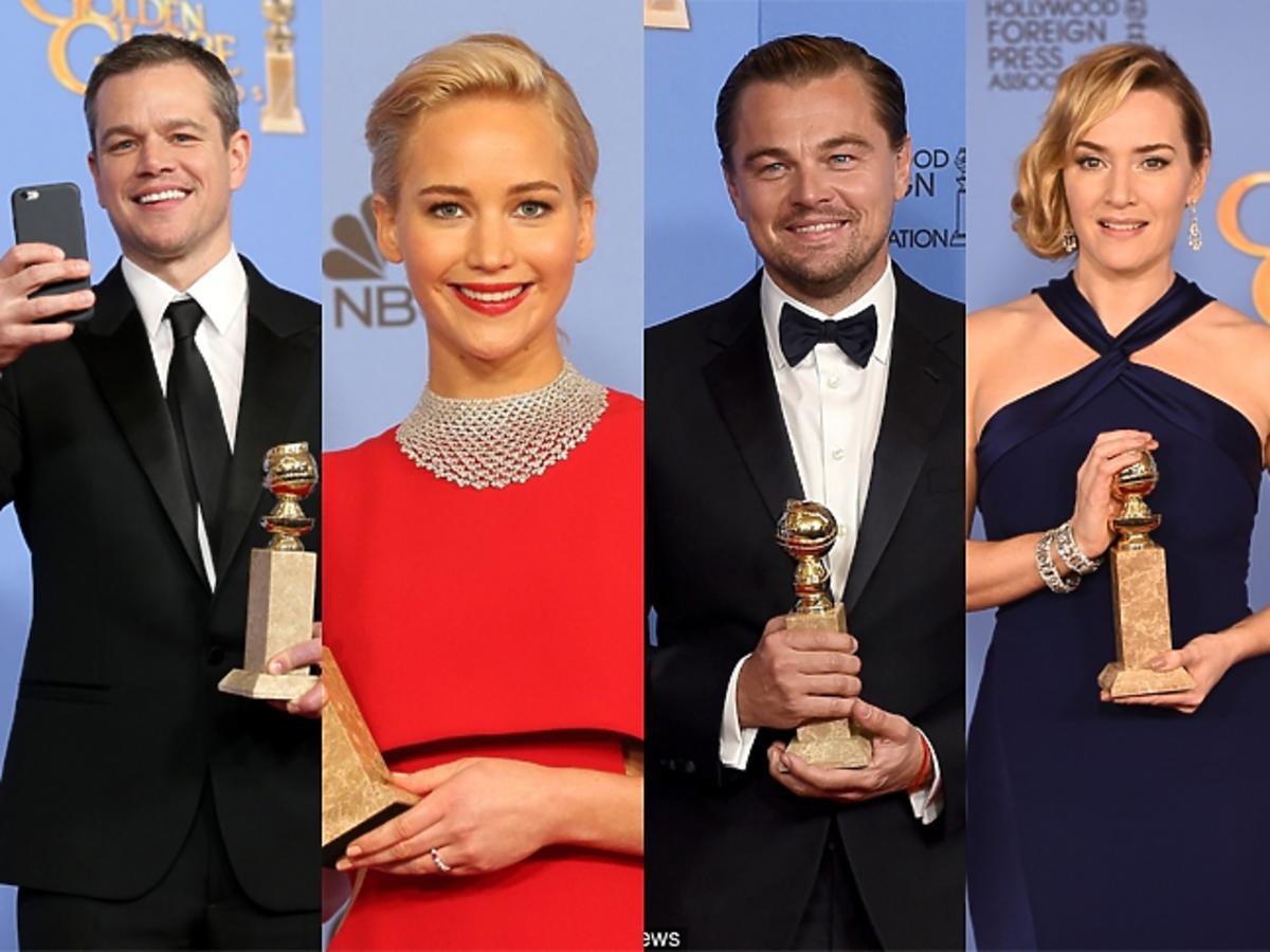 Złote Globy 2015, Leonardo DiCaprio, Lady Gaga, Kate Winslet, Jennifer Lawrence, Matt Damon w ręku ze statuetką złotego globa w ręku
