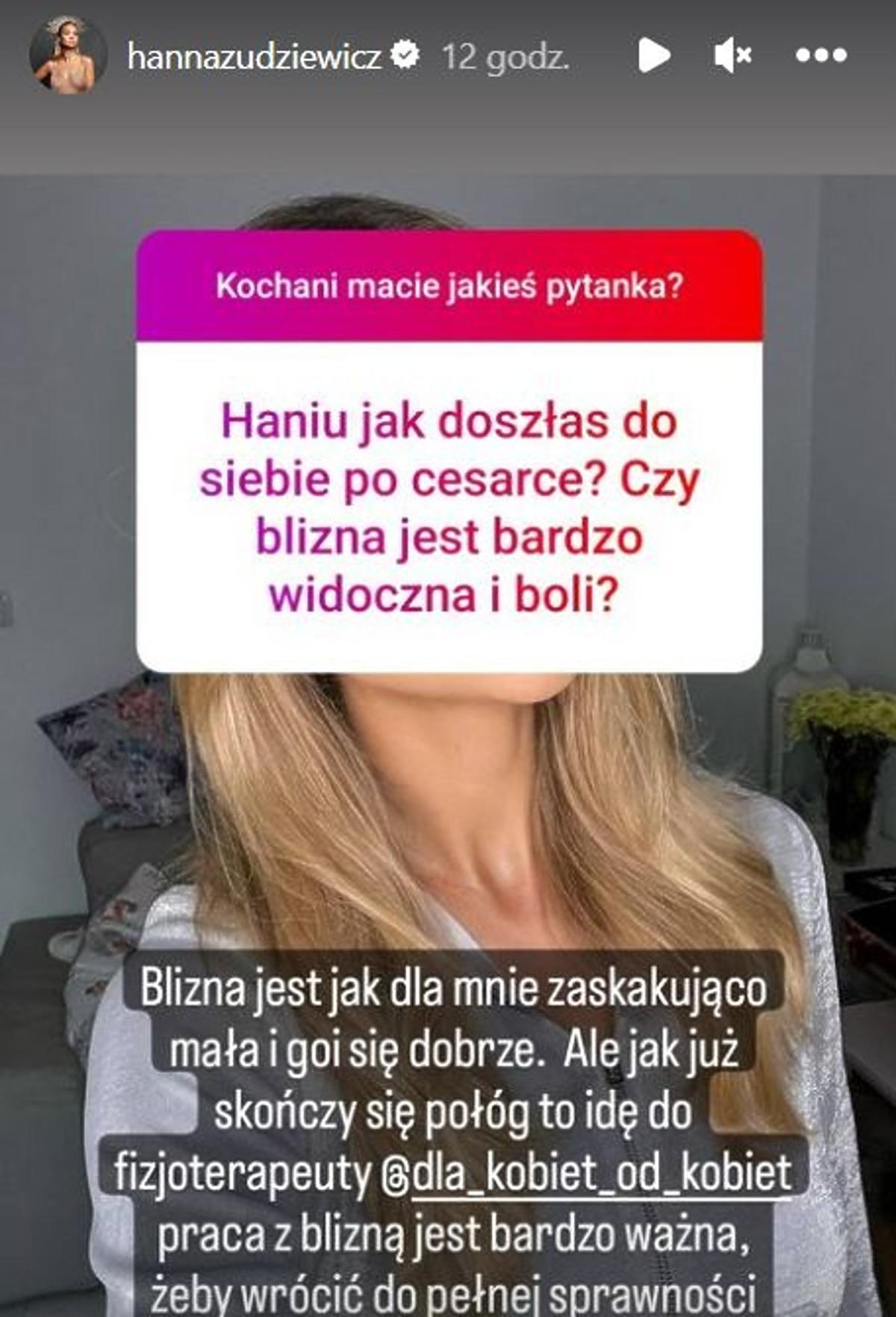 Zrzut ekranu Hanny Żudziewicz, która odpowiada na pytania dotyczące dziecka
