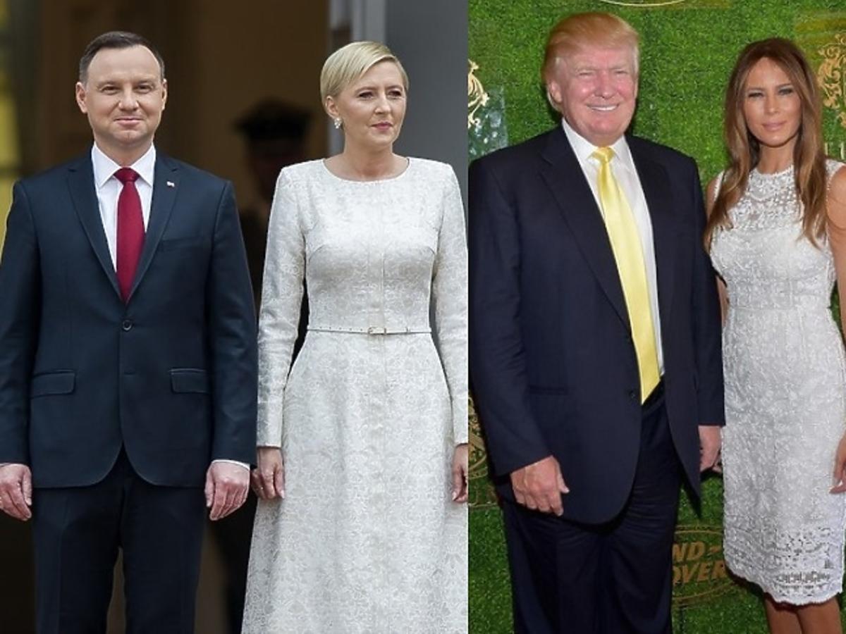 Agata Duda i Melania Trump w białej koronce