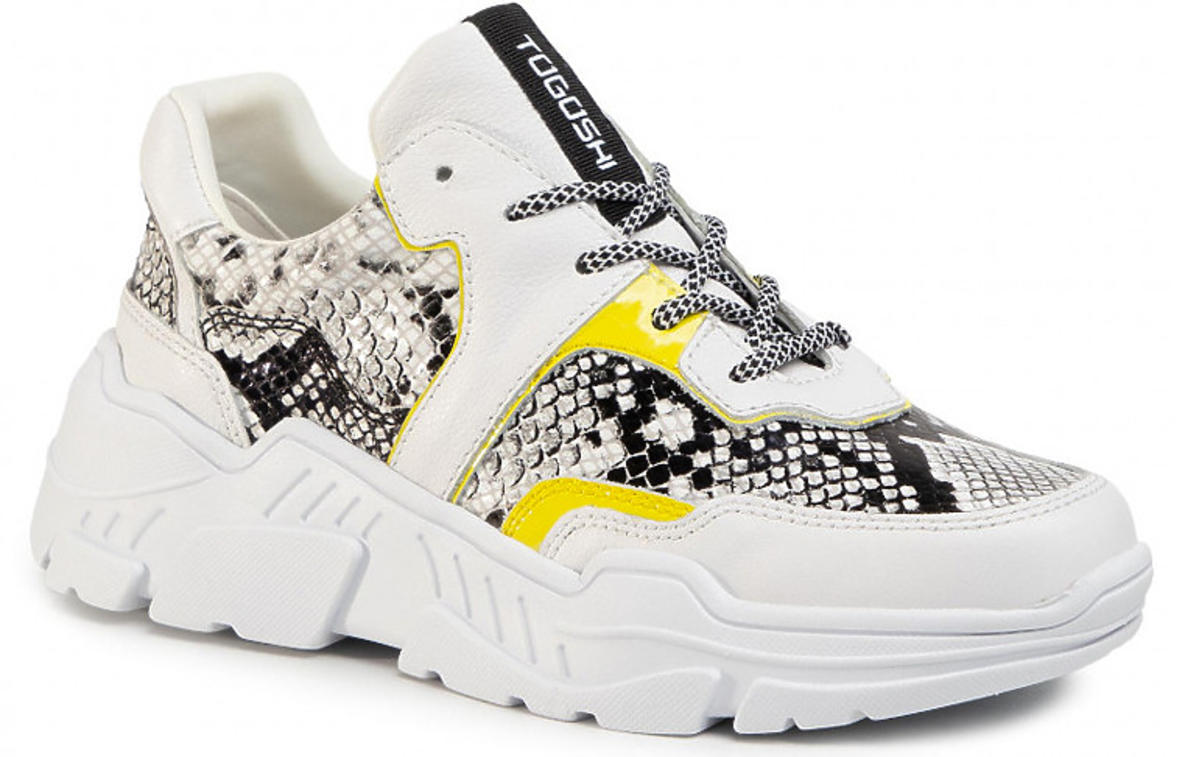 Białe sneakersy Togoshi z wężowymi i fluorescencyjnymi żółtymi wstawkami