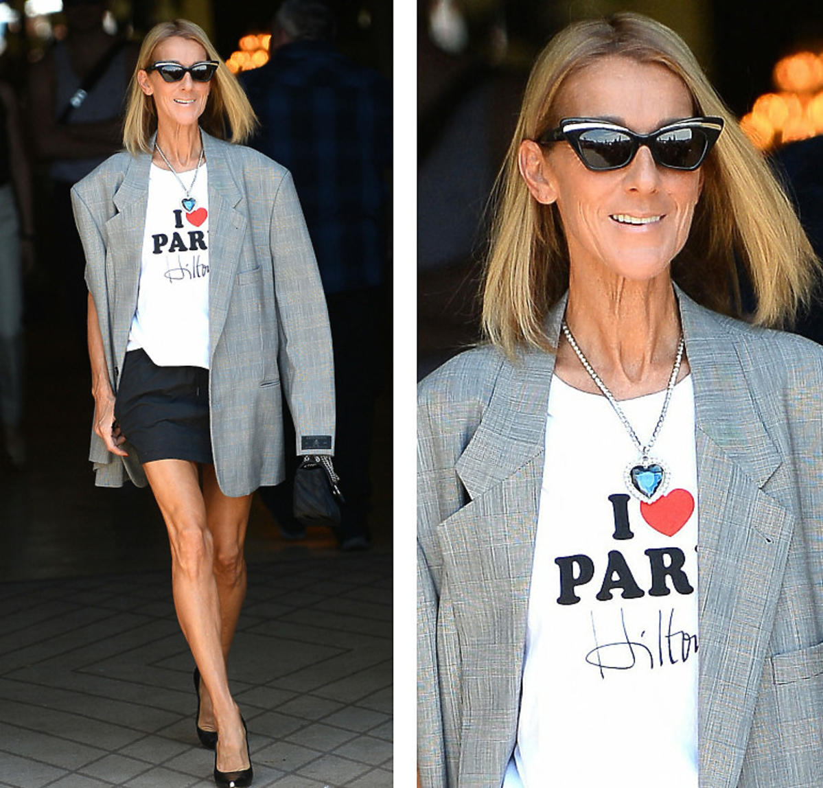 Celine Dion w koszulce I love Paris i szarej marynarce
