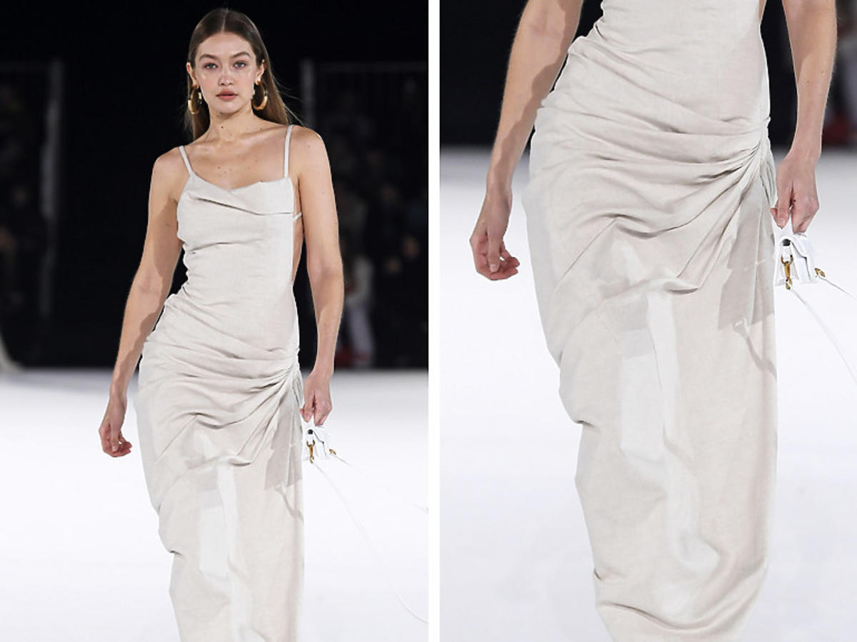 Gigi Hadid w sukience z marszczeniami, Jacquemus, jesień/zima 2020